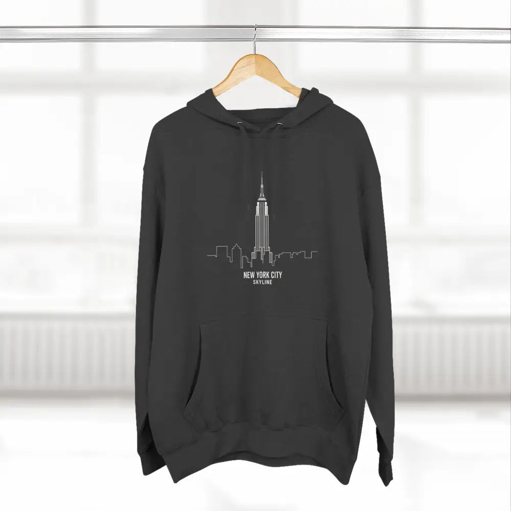 Dark gray NYC skyline hoodie with white line art, machine washable at max 30c, cozy and stylish