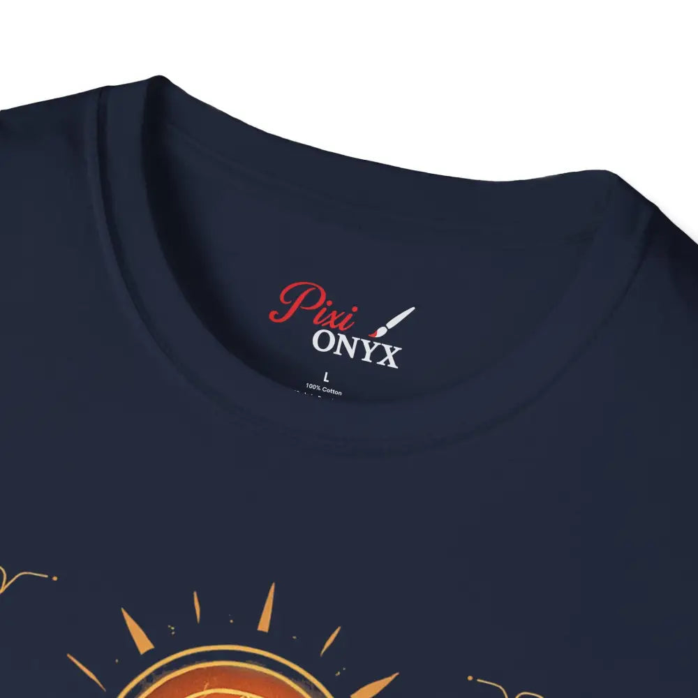 Navy blue crew neck t-shirt with pyramid graphic and sun design, easy care, casual wear