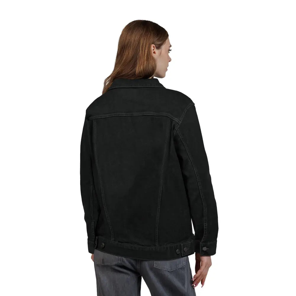 Woman wearing stylish Unisex PixiOnyx denim jacket with long sleeves, perfect for casual wear