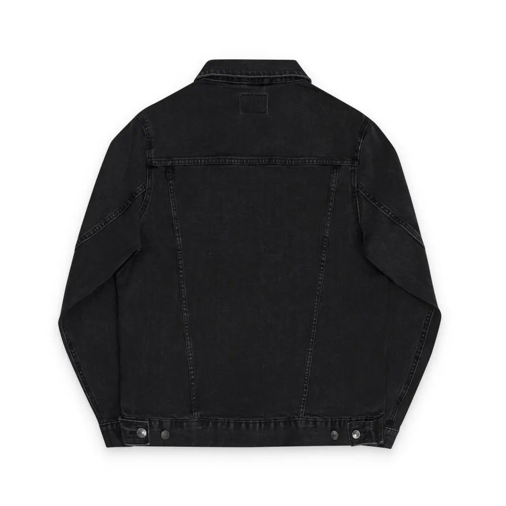 Black unisex PixiOnyx denim jacket with classic collar and buttoned cuffs for stylish denim jacket care