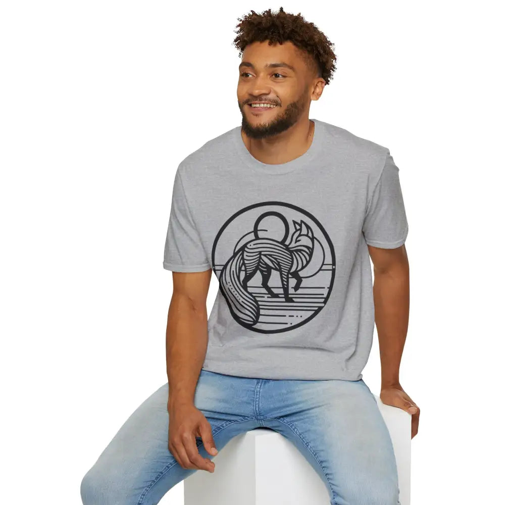 Light grey crew-neck t-shirt with black line art fox design, machine washable, tumble dry safe