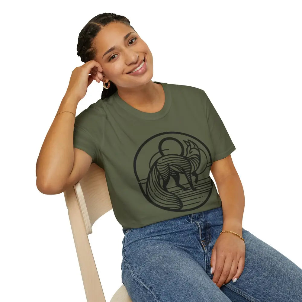 Woman wearing a dark olive green fox graphic T-shirt, machine wash, tumble dry friendly