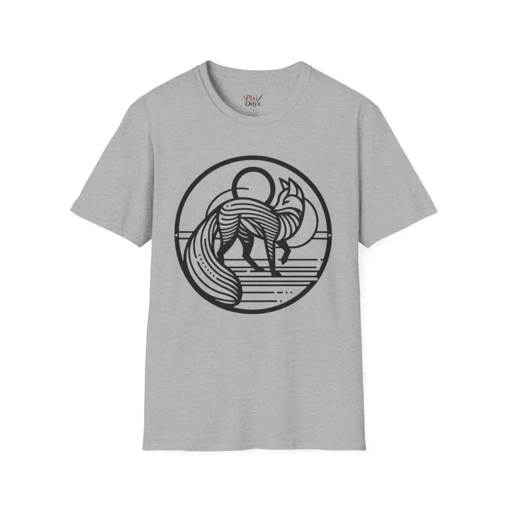 Light grey unisex T-shirt with black fox design, machine wash, tumble dry friendly