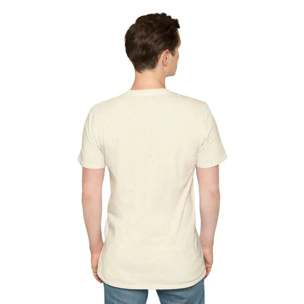 Man wearing a light beige crew-neck T-shirt, machine washable, low heat, tumble dry friendly