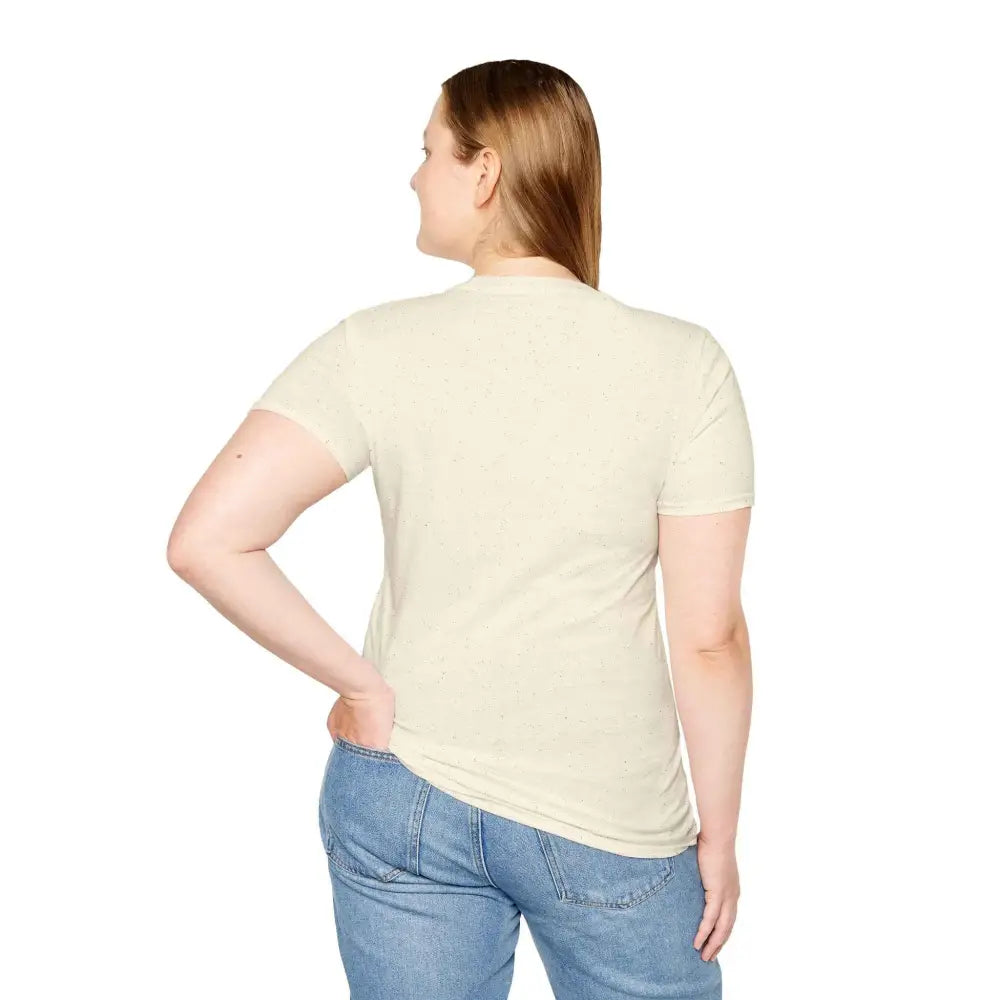 Light-colored short-sleeve crewneck T-shirt with abstract fox design, machine washable, low heat tumble dry
