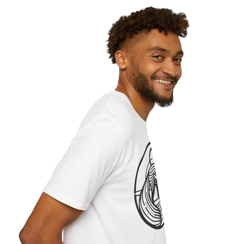 White crew neck t-shirt with black circular graphic design, machine wash, tumble dry safe