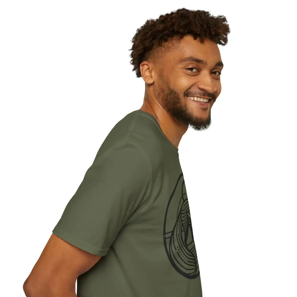 Man with beard and curly hair wearing dark green T-shirt with black abstract fox design, machine washable, low heat tumble dry friendly
