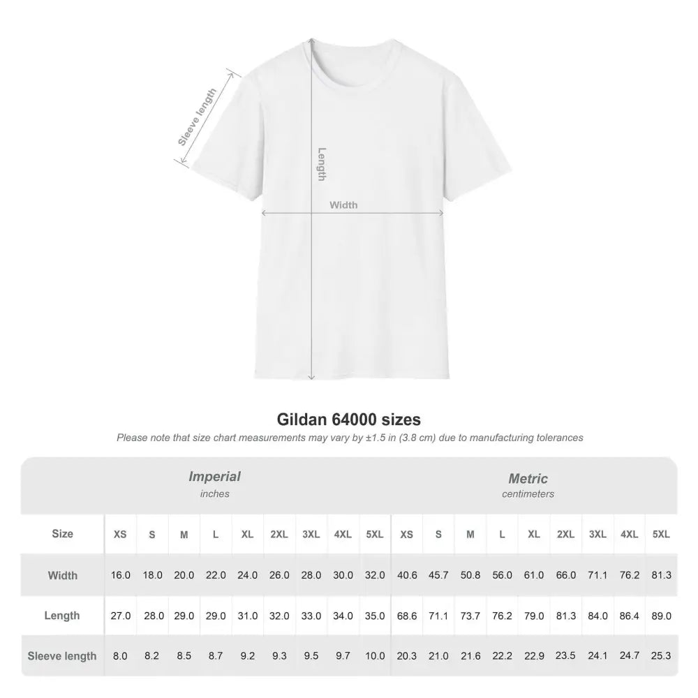 Gildan 64000 T-shirt size chart with imperial and metric measurements for casual wear