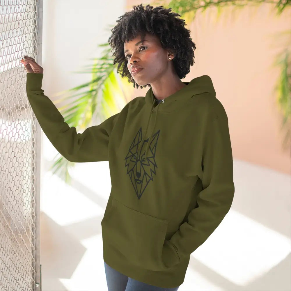 Olive green stylish wolf graphic unisex hoodie with geometric wolf design for outdoor adventures