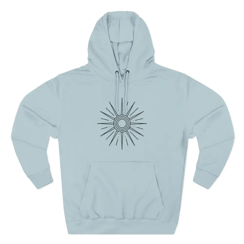 Light blue fleece hoodie with sunburst graphic and spacious kangaroo pocket for cozy outdoor wear