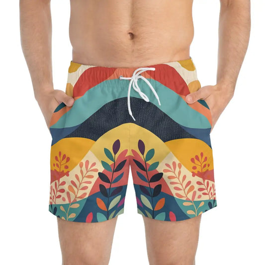 Colorful patterned swim trunks with abstract nature landscape design for men’s beachwear