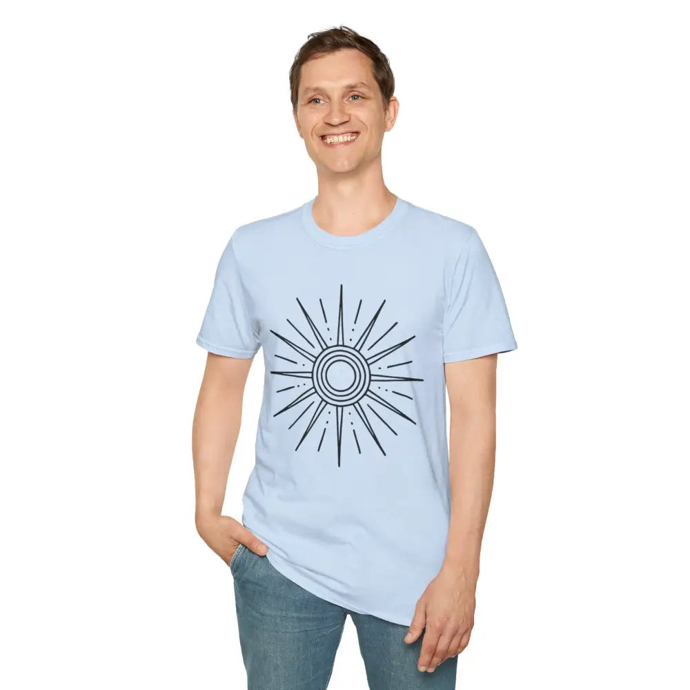 Light blue unisex softstyle T-shirt with dark blue sun graphic ideal for summer and outdoor adventures