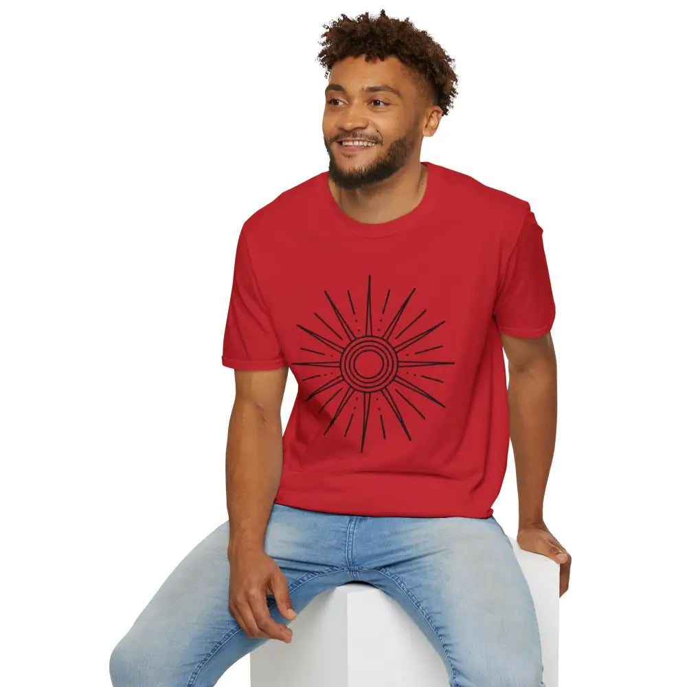 Unisex softstyle Sunshine Graphic T-Shirt with black sun design, perfect for outdoor summer wear