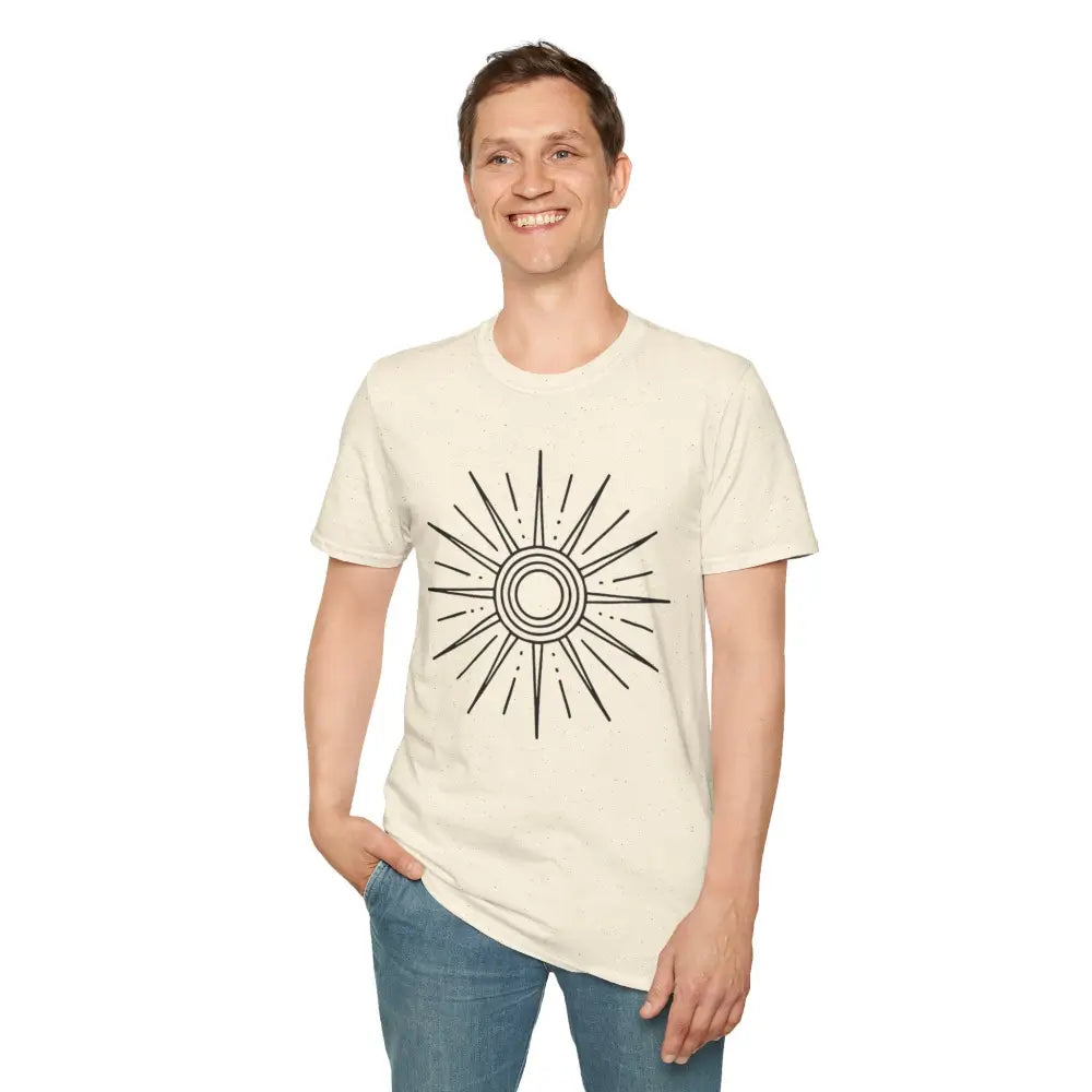 Unisex softstyle Sunshine Graphic T-Shirt with black sunburst design and low heat care