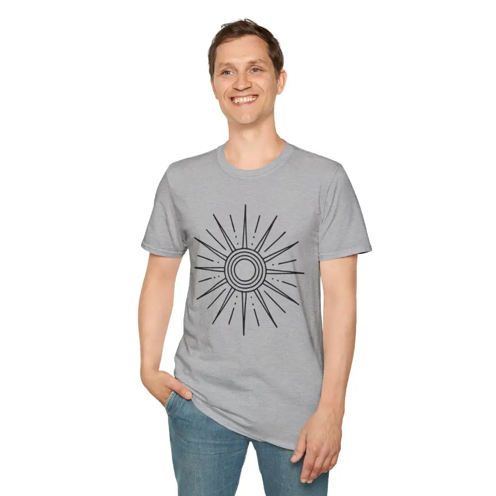 Light grey unisex softstyle Sunshine Graphic T-Shirt with black sunburst design, low heat care
