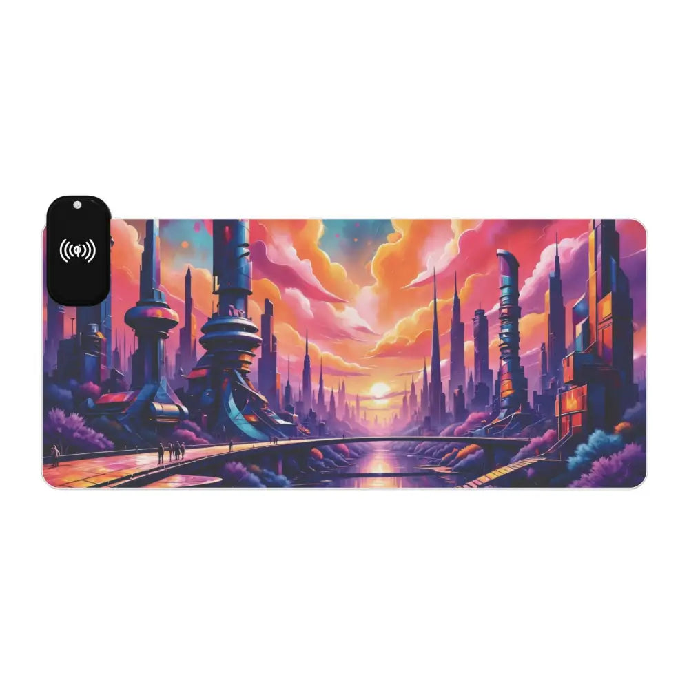 Cosmic Desk Mat with futuristic city art, wireless charging mouse pad, ideal for gaming