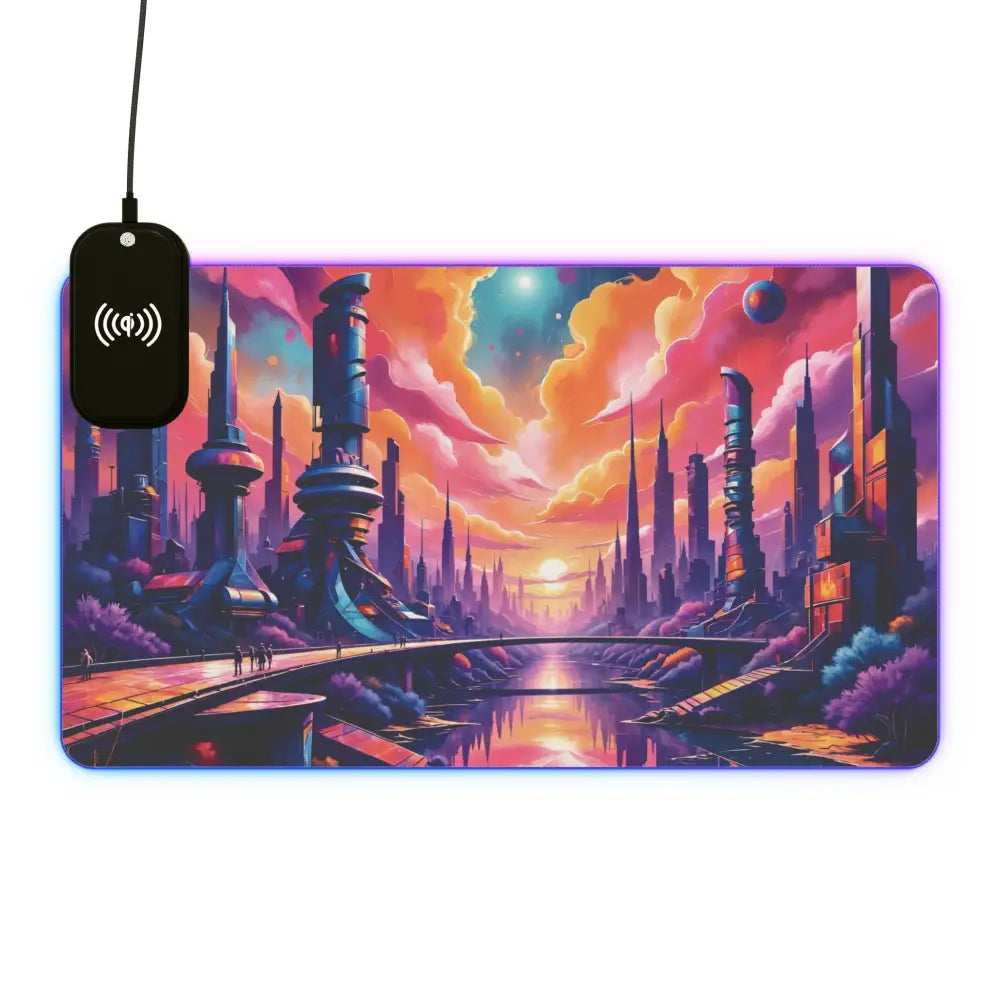 RGB gaming mouse pad with illuminated edge and wireless charging featuring futuristic cityscape