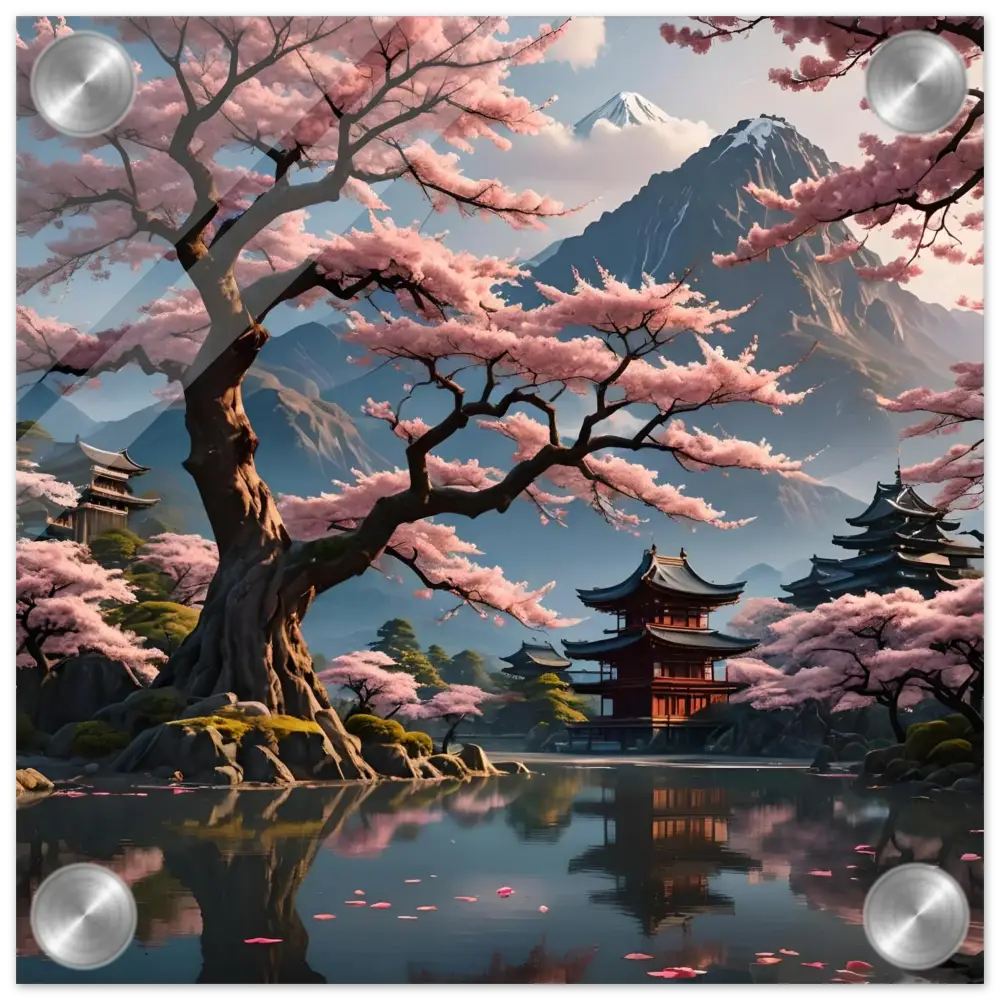 Cherry blossom landscape with temples on acrylic glass wall art by PixiOnyx