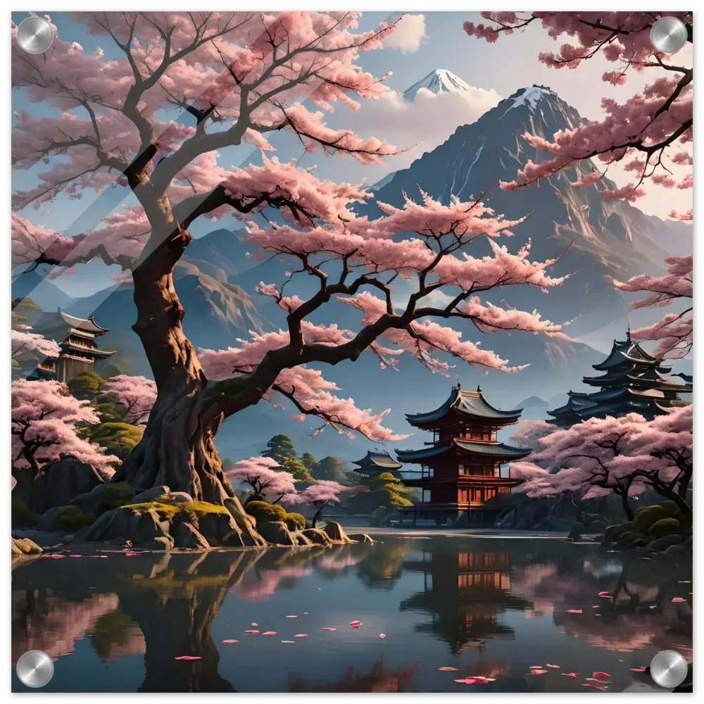 Japanese cherry blossom landscape artwork on acrylic glass wall art from PixiOnyx