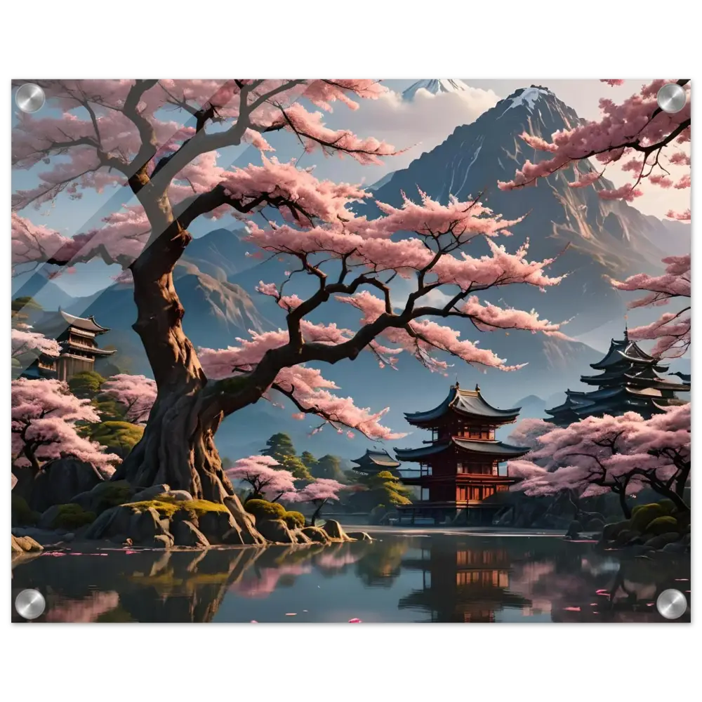 Cherry blossom landscape wall art for Temple Blossom Serenity acrylic glass artwork