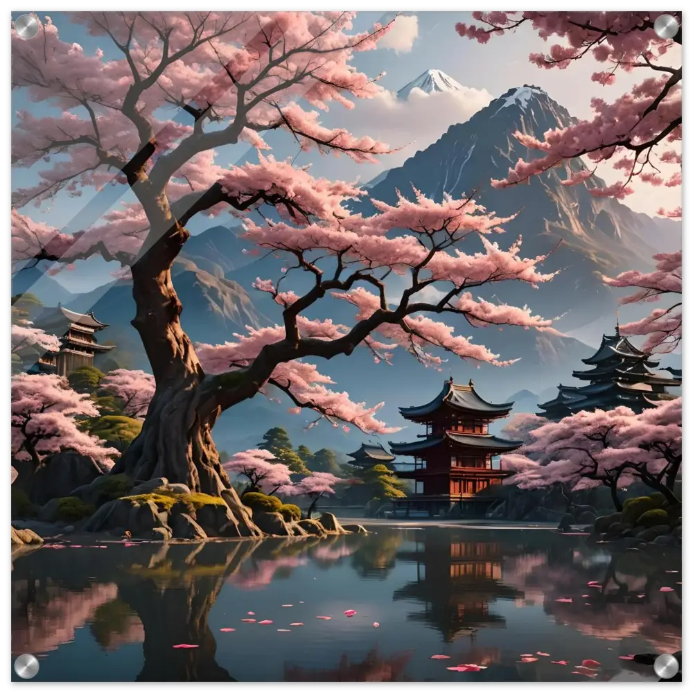 Cherry blossom landscape with temples displayed on Temple Blossom Serenity acrylic glass wall art