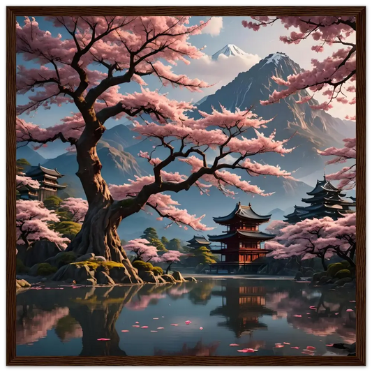 Cherry blossom landscape with temples in a serene framed poster by PixiOnyx