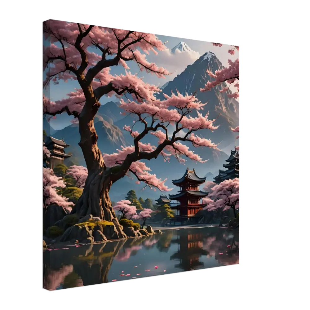 Japanese cherry blossom landscape canvas named Temple Blossom Serenity by PixiOnyx