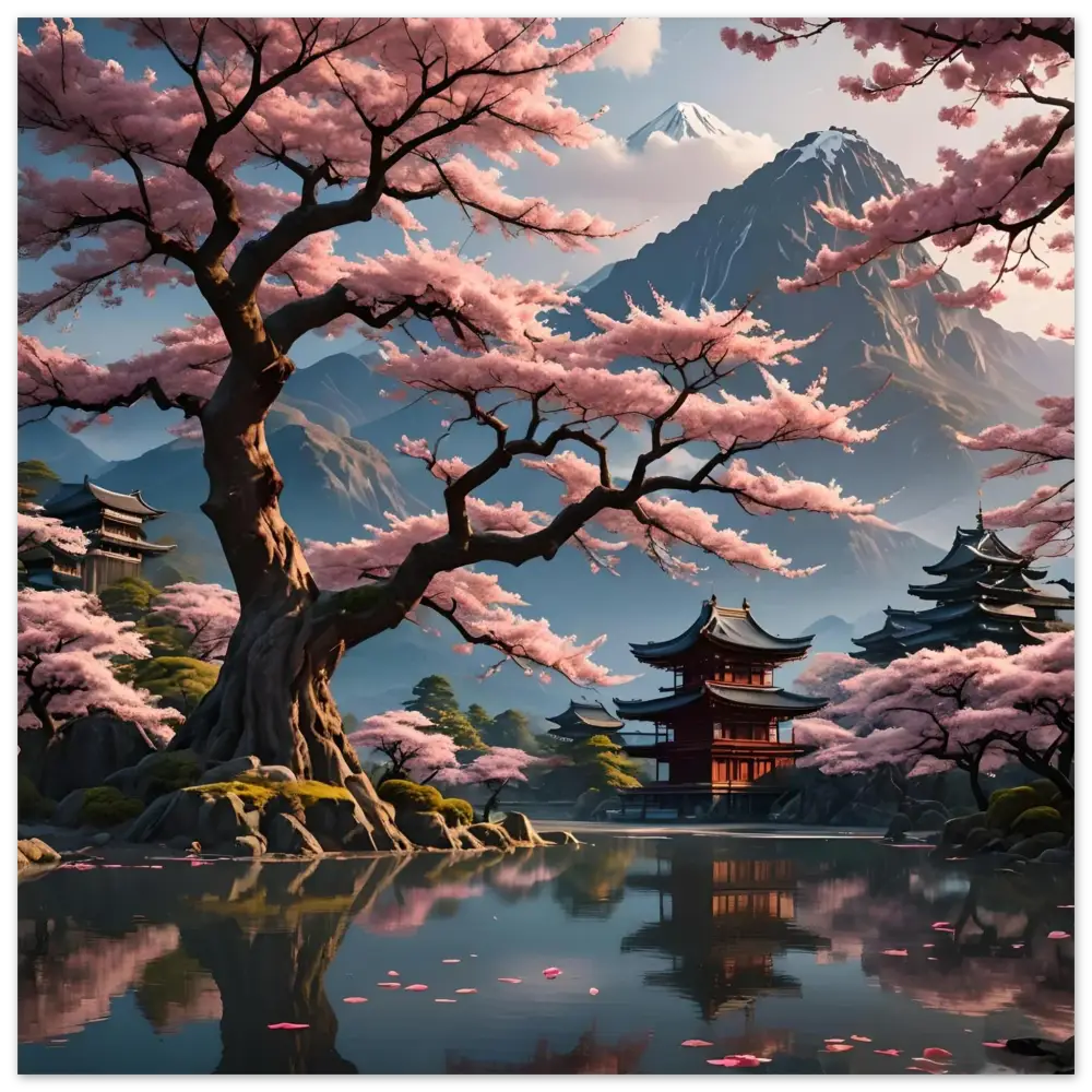 Japanese cherry blossom landscape artwork for Temple Blossom Serenity Fine Art Poster