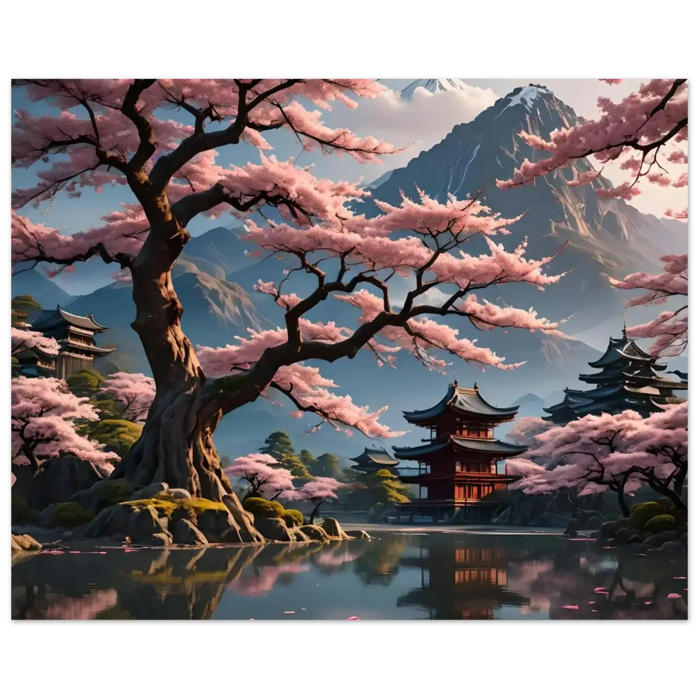 Japanese cherry blossom landscape on Temple Blossom Serenity Fine Art Poster by PixiOnyx