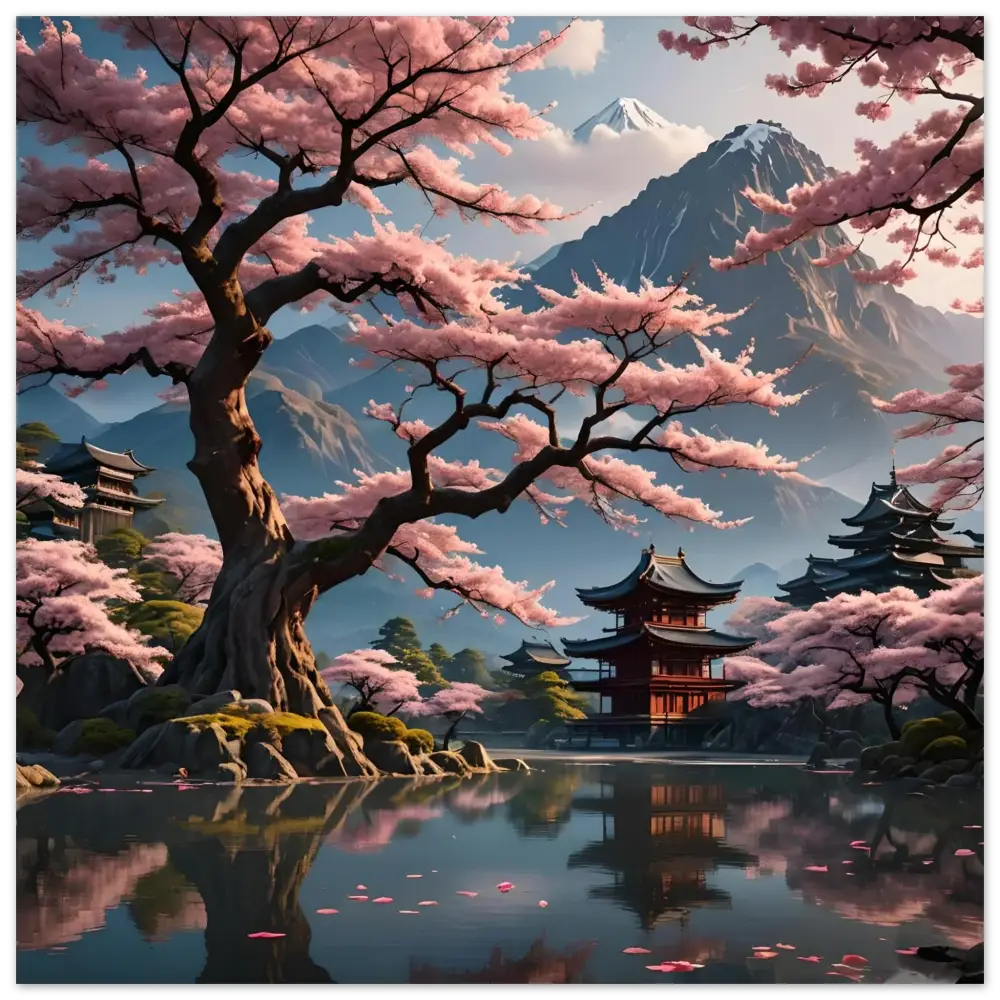 Japanese cherry blossom landscape artwork for Temple Blossom Serenity Fine Art Poster