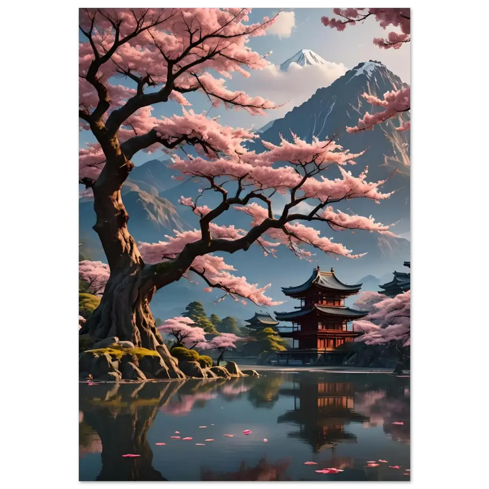 Japanese pagoda among cherry blossoms on Temple Blossom Serenity Fine Art Poster