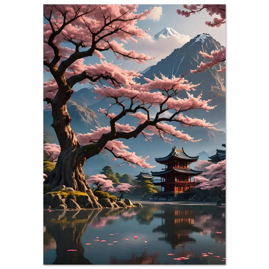 Japanese pagoda surrounded by cherry blossoms on metal print titled Temple Blossom Serenity