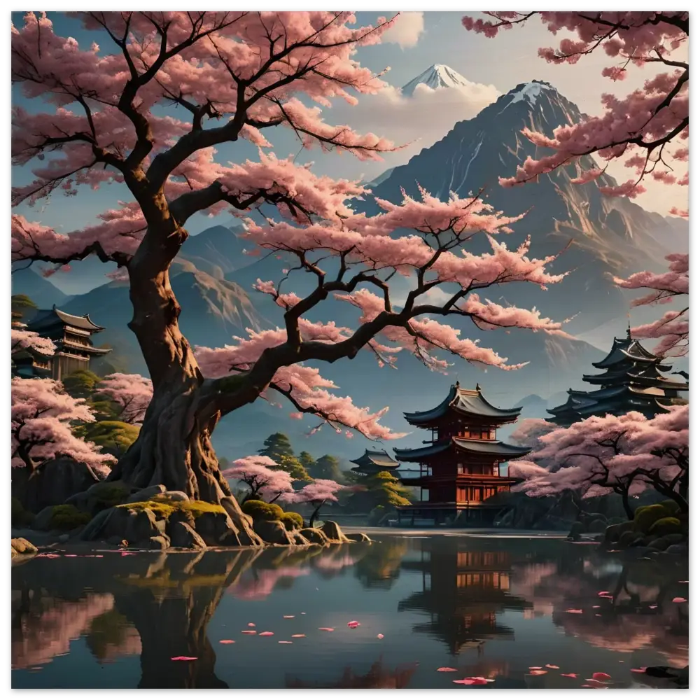 Japanese cherry blossom landscape print on wood wall decor from Temple Blossom Serenity series