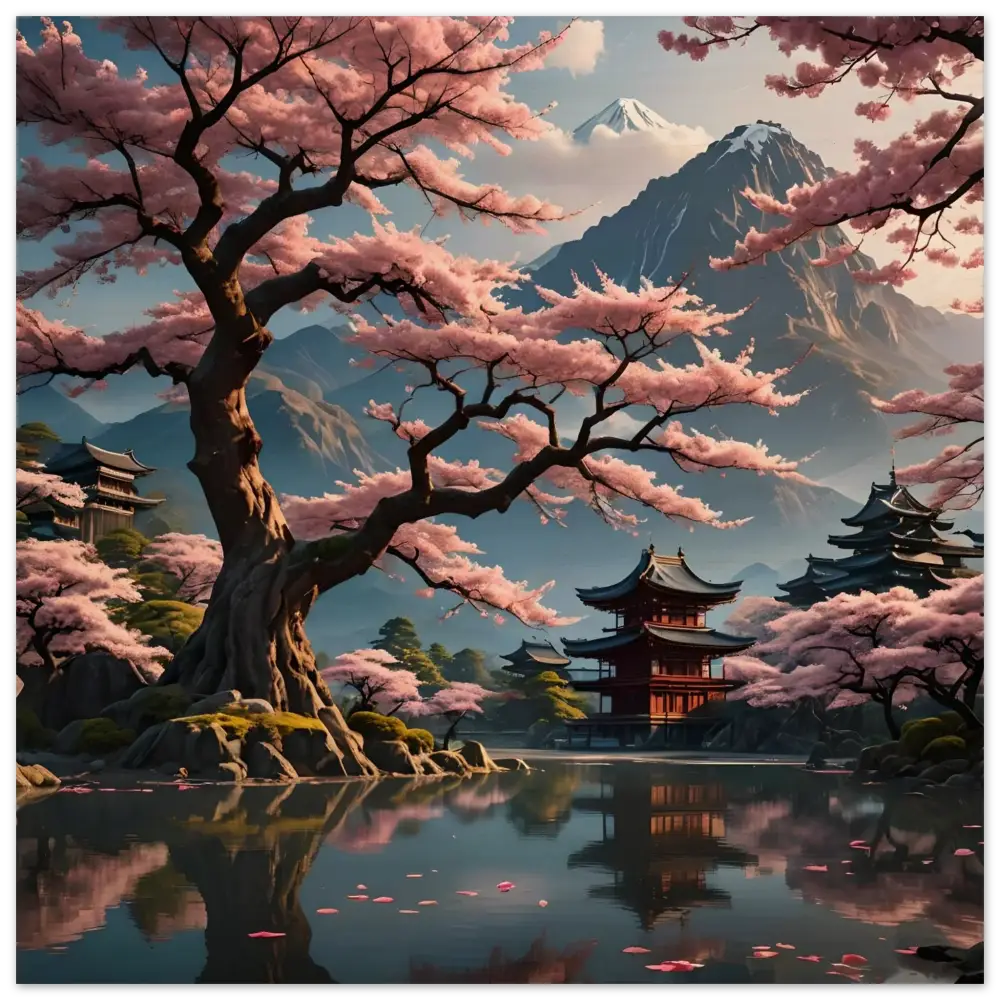 Japanese cherry blossom landscape wood wall print for a serene Temple Blossom Serenity decor