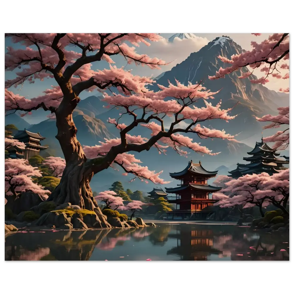 Japanese cherry blossom landscape wall art for Temple Blossom Serenity Wood Print by PixiOnyx