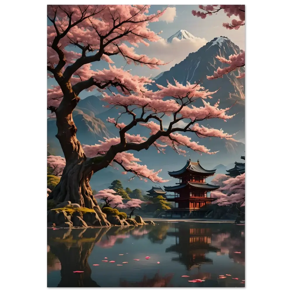 Japanese cherry blossom landscape wall print by PixiOnyx for serene home decor