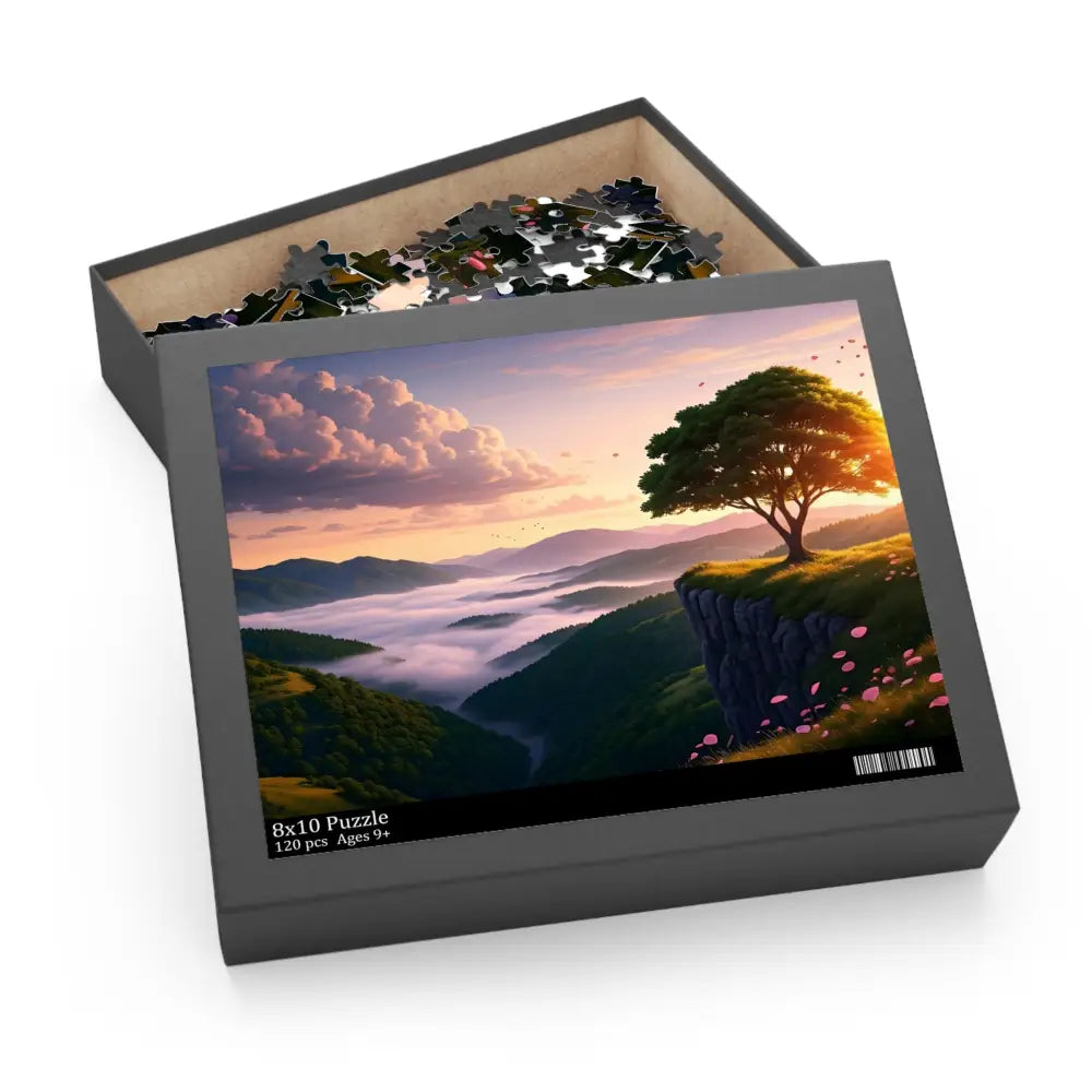 Puzzle box featuring a serene landscape scene from The Edge of Dawn Jigsaw Puzzle by PixiOnyx