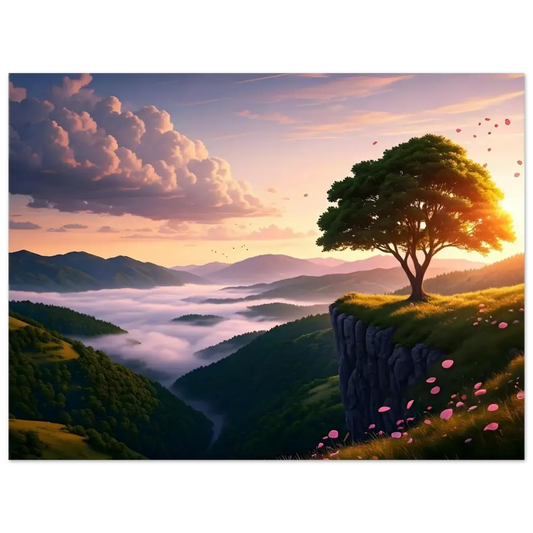Scenic cliffside tree with misty sunrise background on The Edge of Dawn Poster