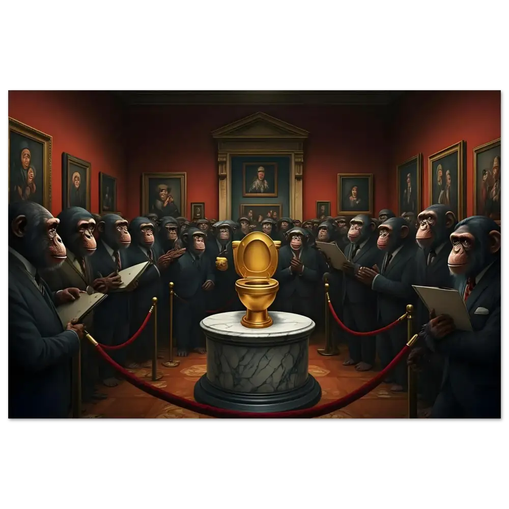 Golden toilet artwork on metallic satire wall art called The Golden Throne by PixiOnyx