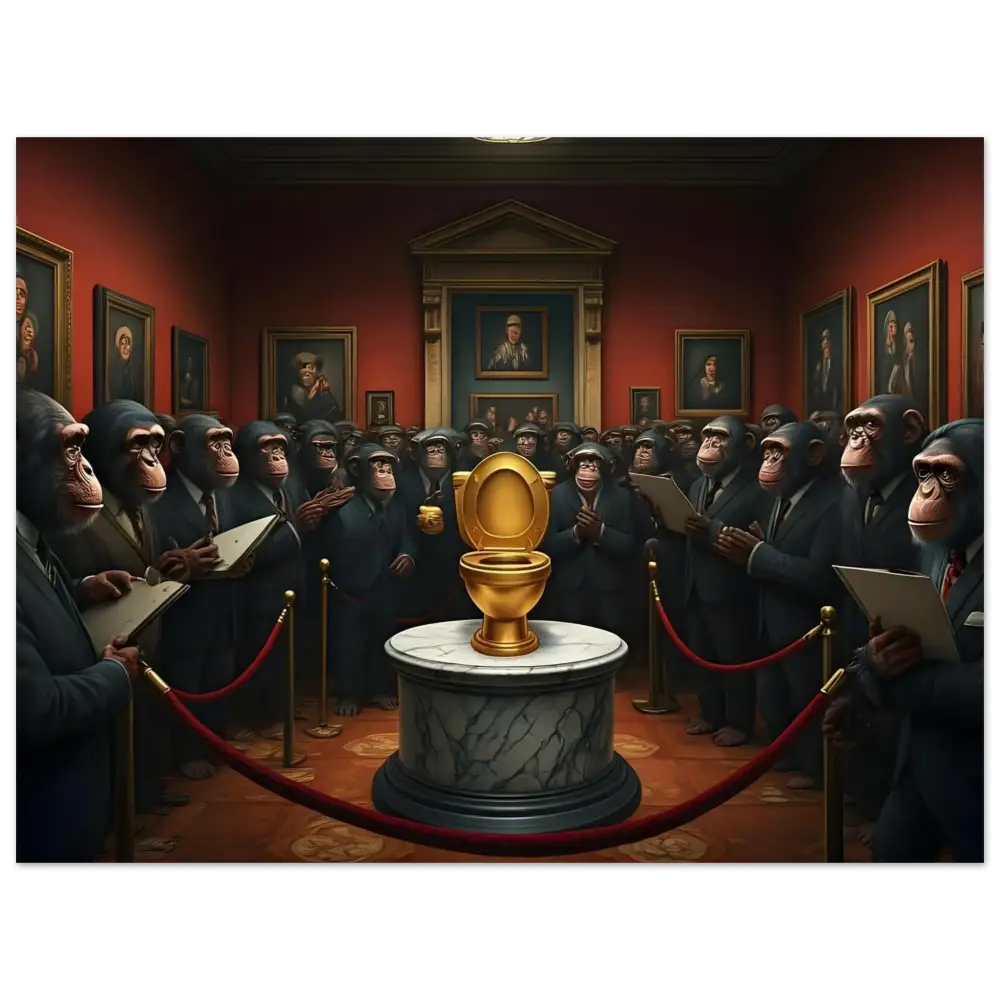 Golden toilet shown in The Golden Throne Fine Art Poster from PixiOnyx Satirical Gallery