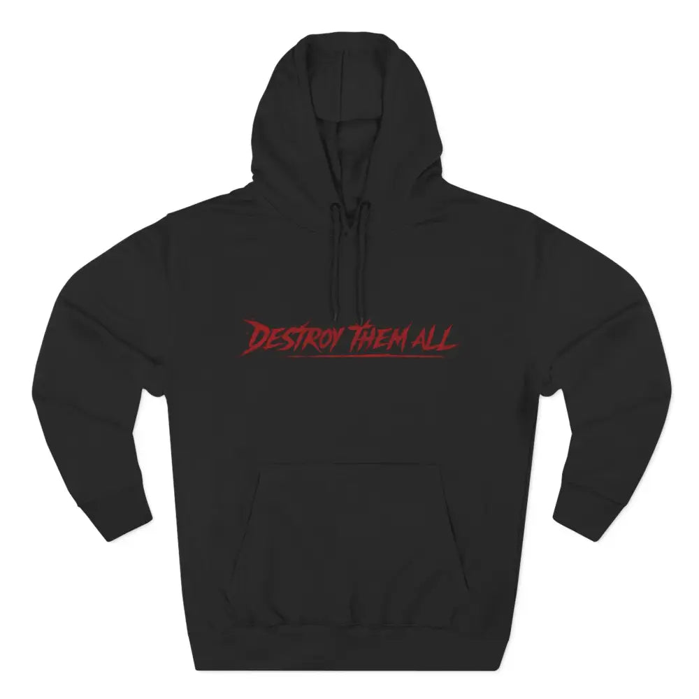 Black unisex hoodie with red quiet violence destroy graphic featuring band’s signature emblem on chest violence merchandise
