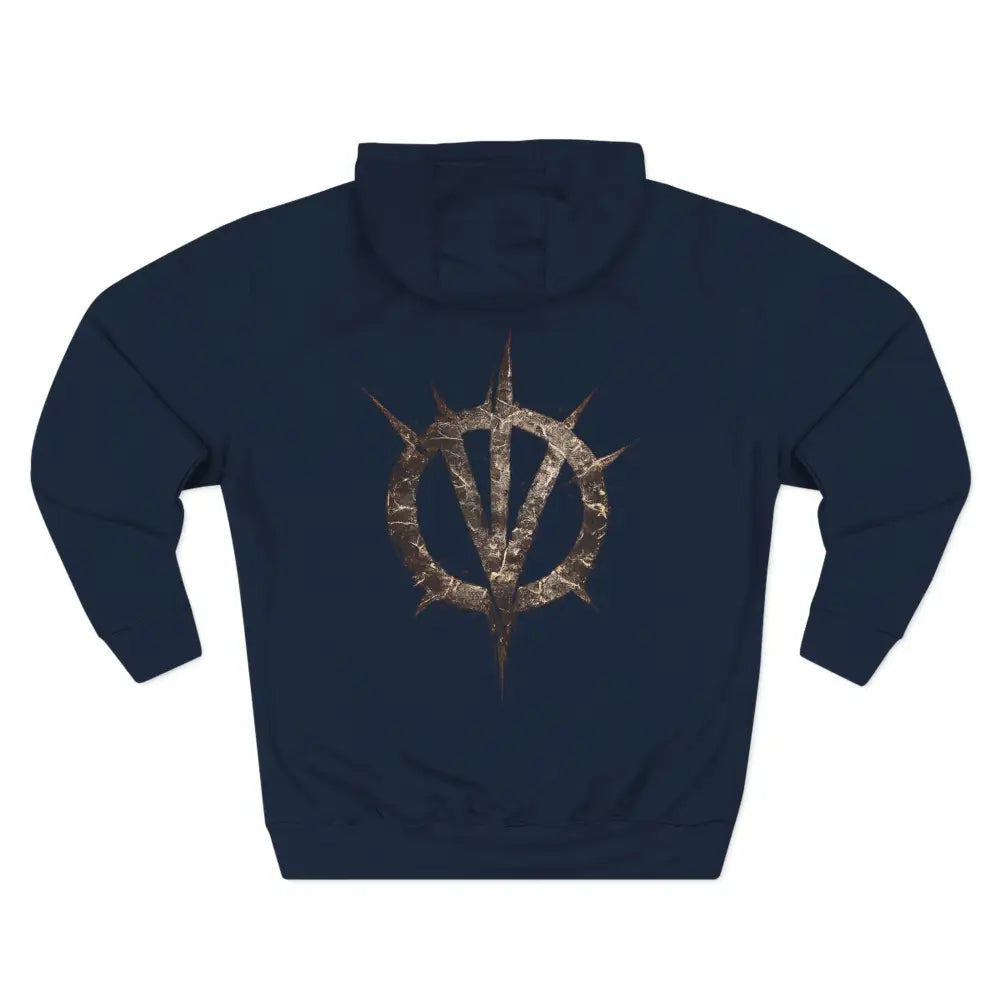 Navy blue hooded sweatshirt featuring the band’s signature emblem in distressed gold and black for quiet violence destroy merchandise