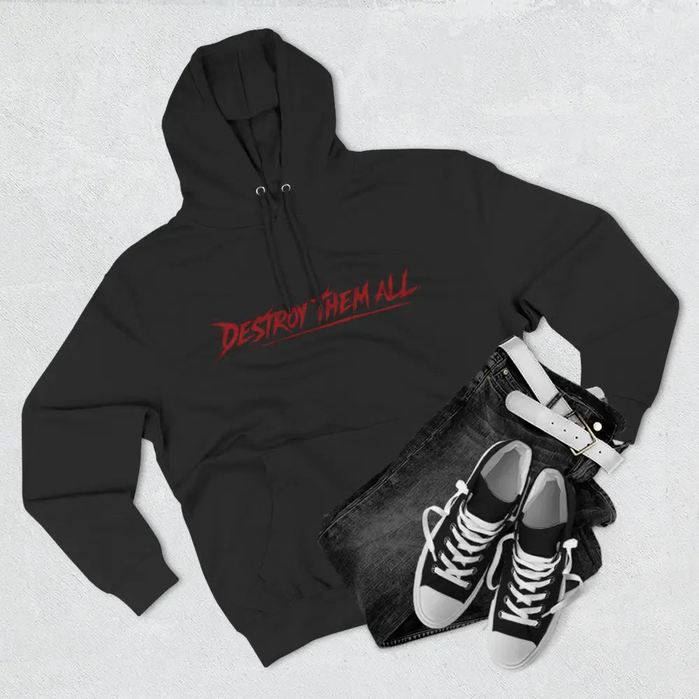 Black hoodie featuring red quiet violence destroy graphic across chest band’s signature emblem violence merchandise