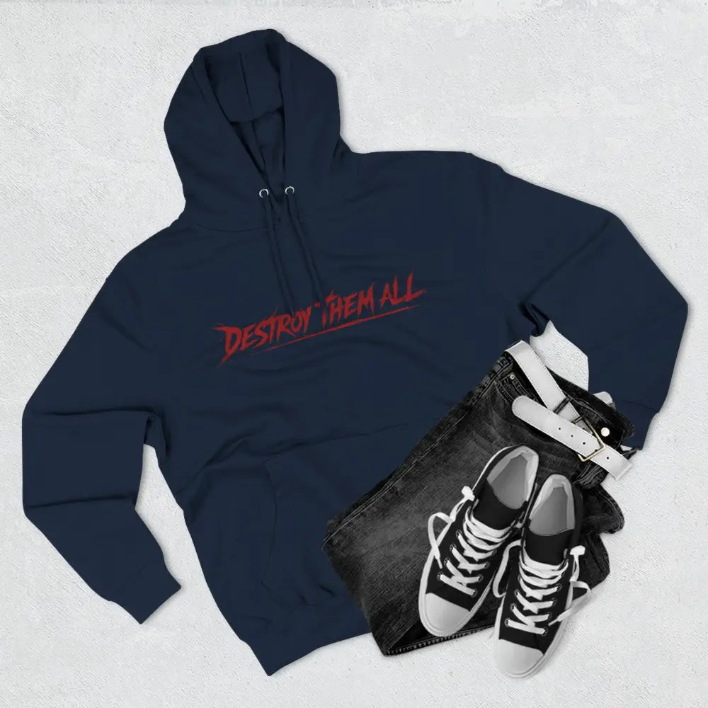 Navy blue unisex hoodie featuring red quiet violence destroy graphic with the band’s signature emblem for violence merchandise