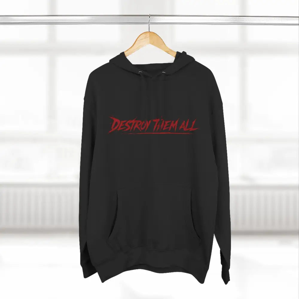 Black unisex hoodie featuring red destroy them all graphic embodying the quiet violence destroy band’s signature emblem violence merchandise