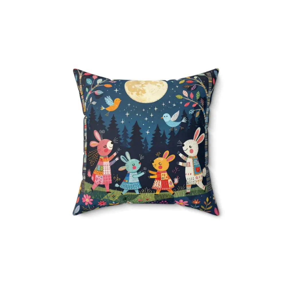 Decorative throw pillow Forest Creature Dance with rabbits and birds under full moon