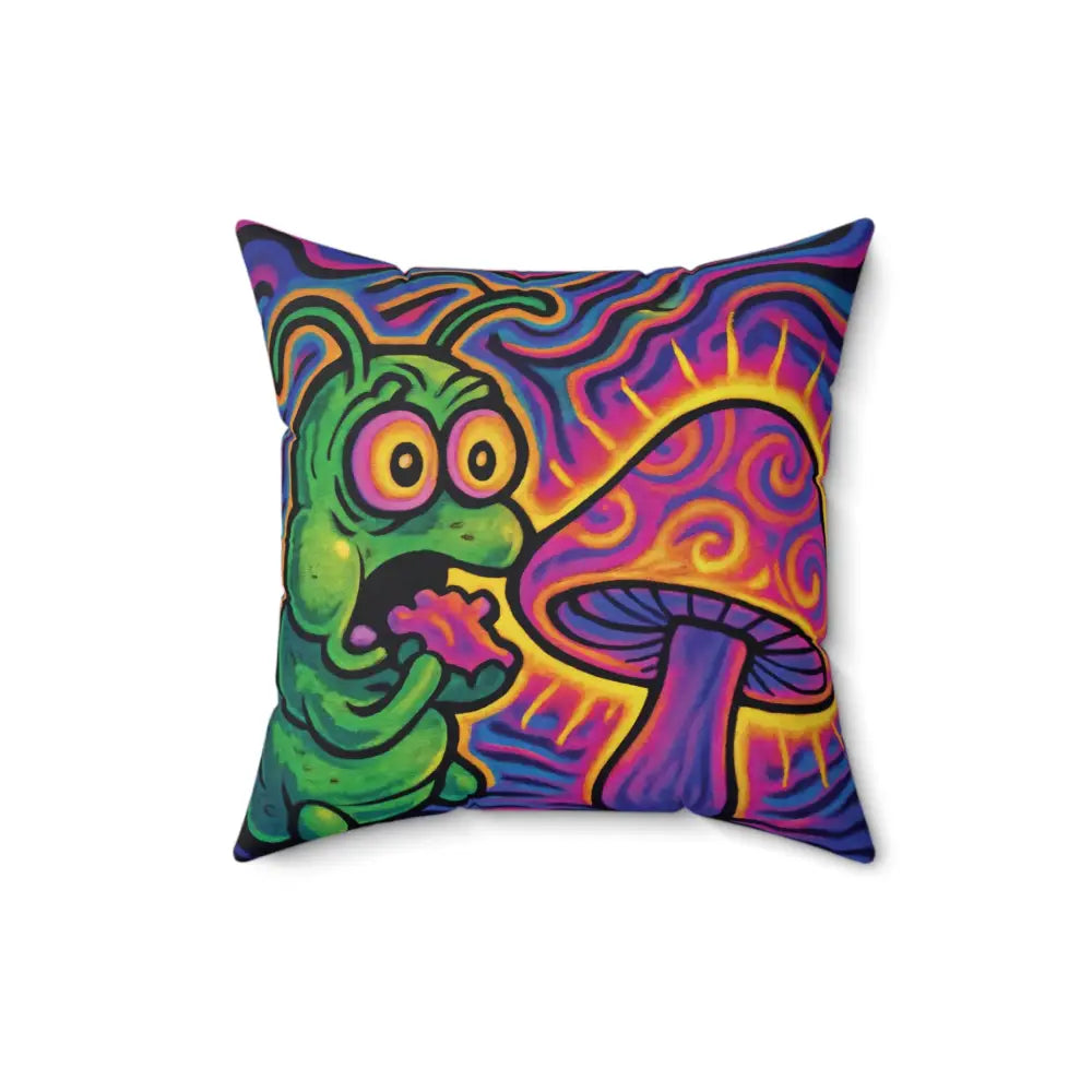 Psychedelic caterpillar and mushroom design Throw Pillow Shroomapillar Snack Attack PixiOnyx