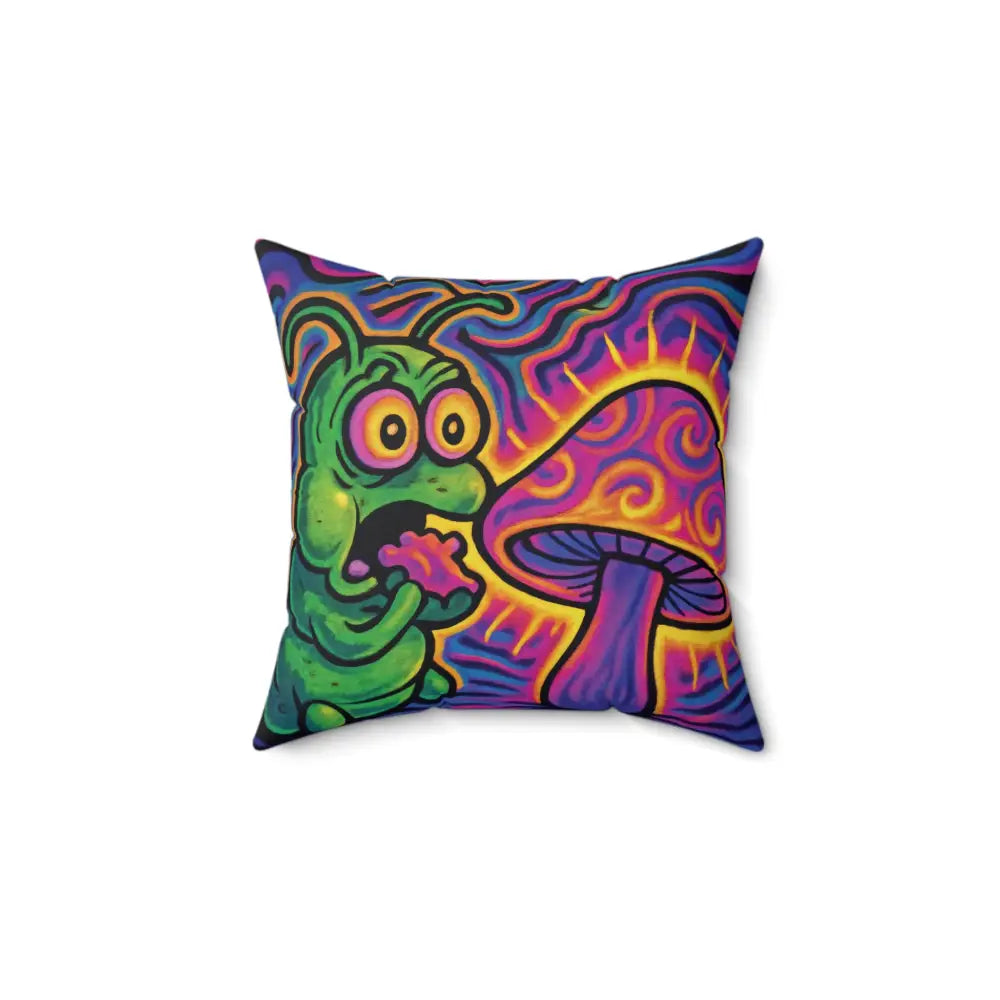 Psychedelic caterpillar and mushroom throw pillow for vibrant Shroomapillar Snack Attack decor