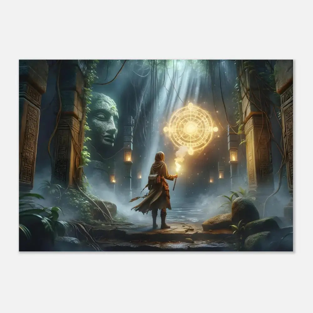 Mystical temple explorer artwork on premium aluminum print from PixiOnyx Jungle Glyph collection