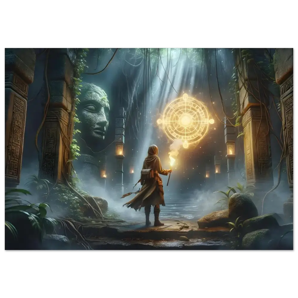 Mystical jungle temple depicted in Torchbearer Jungle Glyph Art Premium Aluminum Print